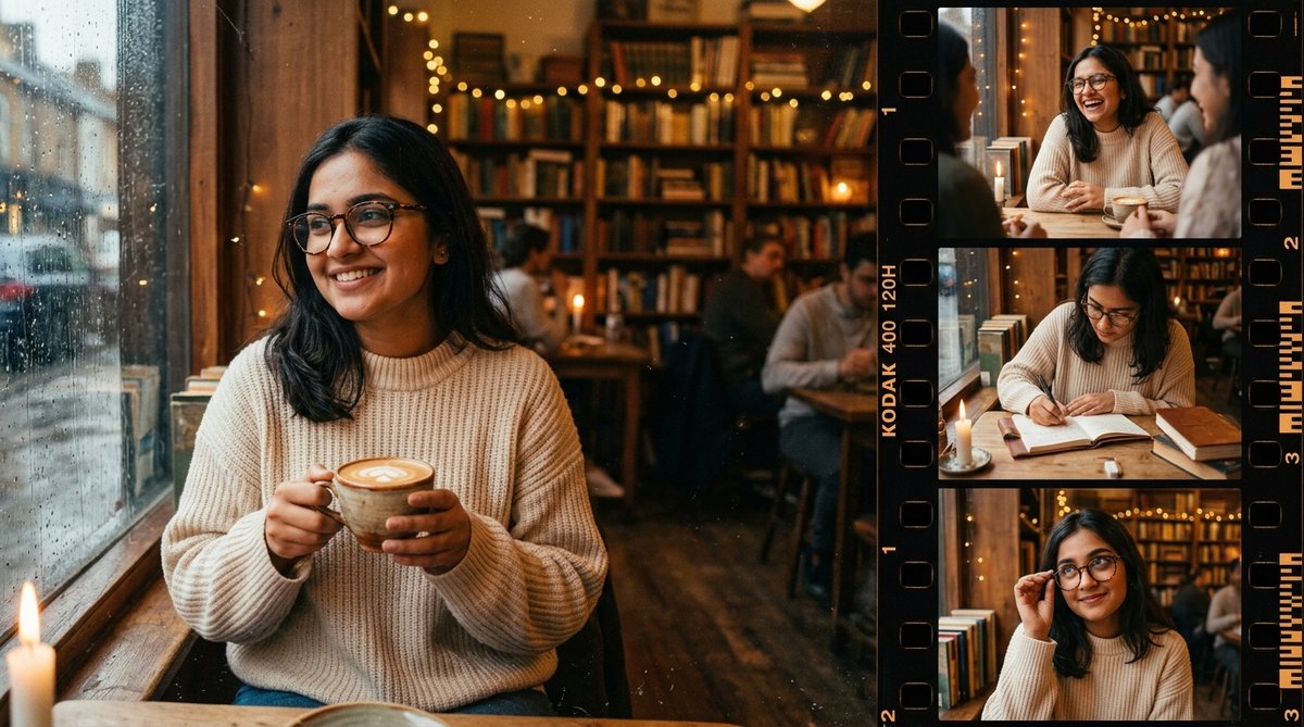Cozy book cafe and Kodak film strip aesthetic photo collage AI prompt