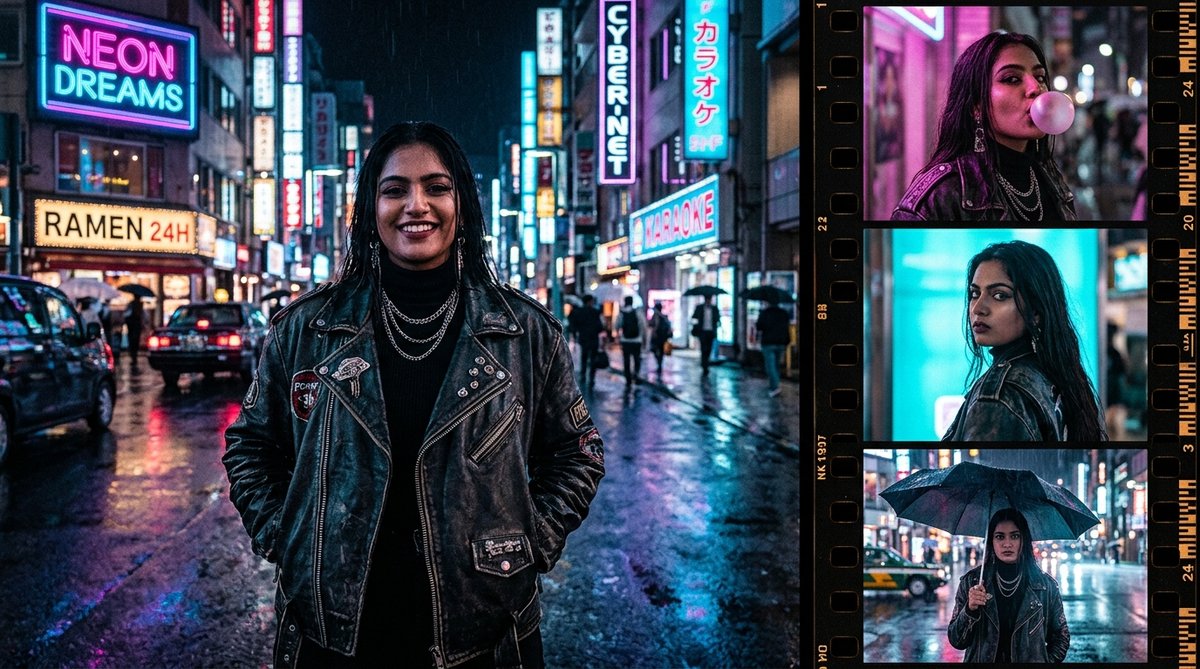 Midnight cyberpunk neon rain leather jacket collage AI photo prompt