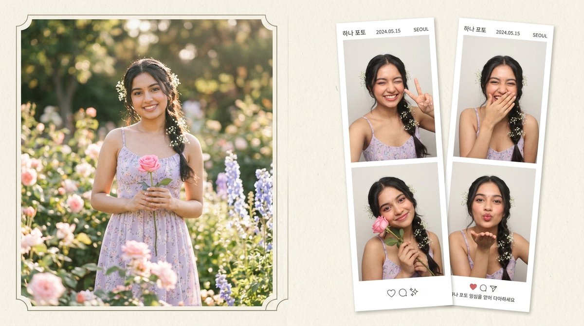 Romantic pastel floral garden photo booth strip aesthetic AI prompt