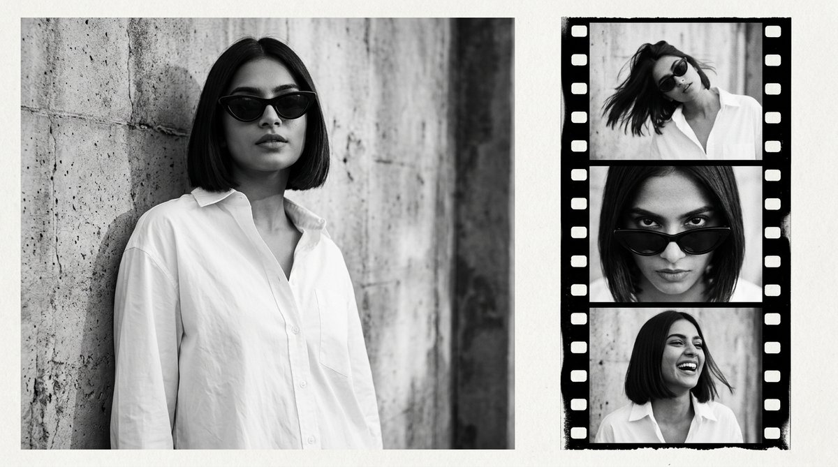 Monochrome Y2K retro 35mm film negative strip aesthetic AI photo prompt