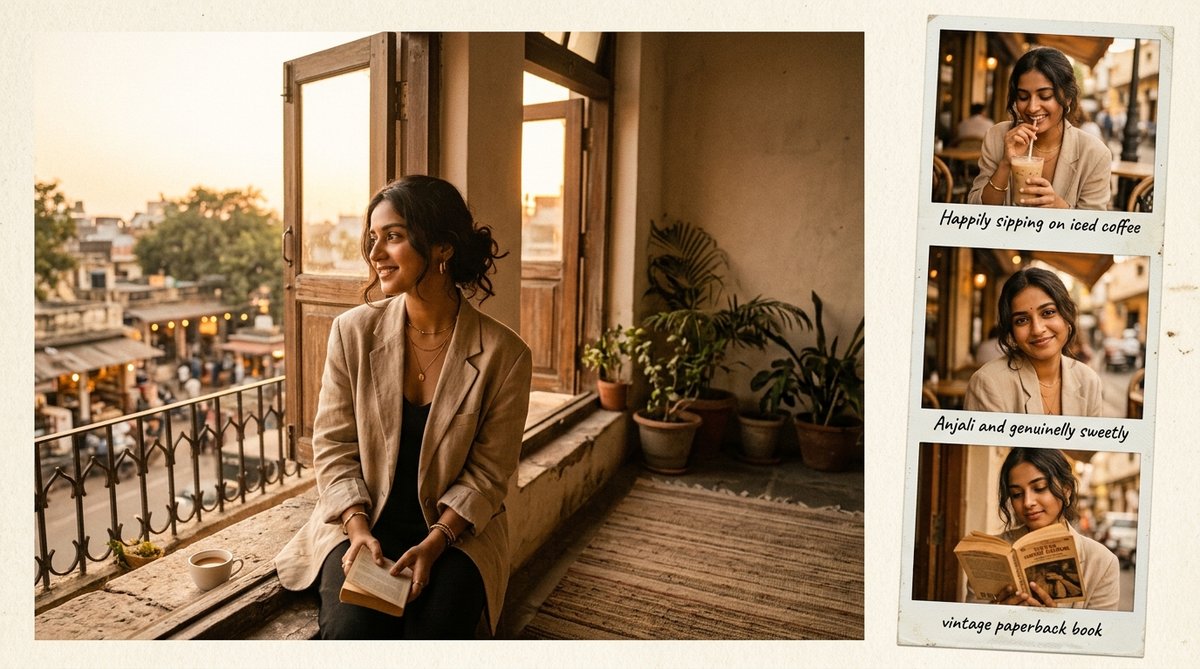 Golden hour sepia balcony and polaroid film strip photo collage AI prompt