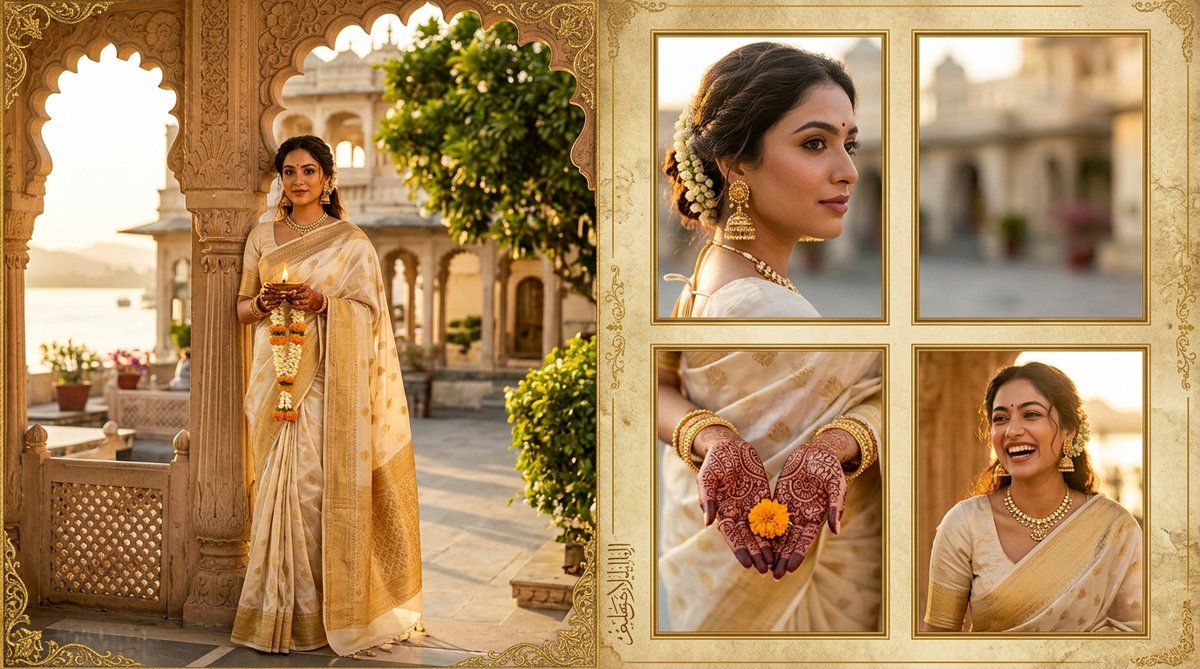 Traditional ivory and gold silk saree multi-frame palace collage AI prompt