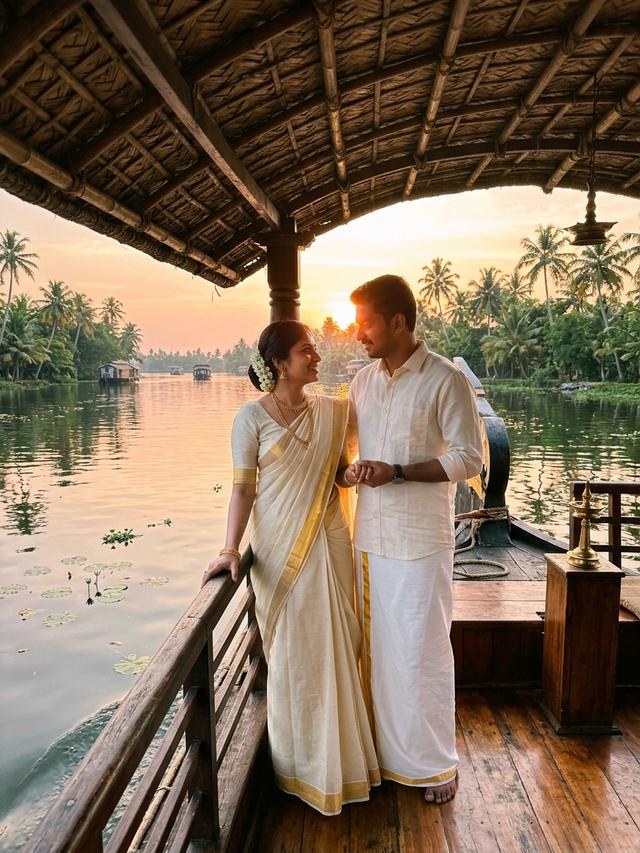Alleppey Houseboat Sunset Romantic Onam Prompt for Couple Gemini AI