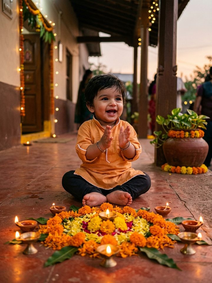 Baby Boy Clapping by Clay Diyas and Rangoli Dussehra AI Photo Prompt