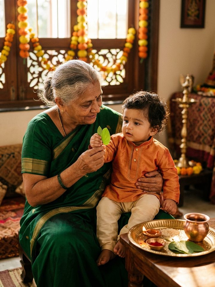 Baby Boy Receiving Shami Leaf Blessing Dussehra AI Photo Editing Prompt