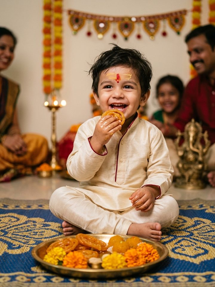 Baby Boy Sandalwood Tilak and Crispy Jalebi Dussehra AI Photo Prompt