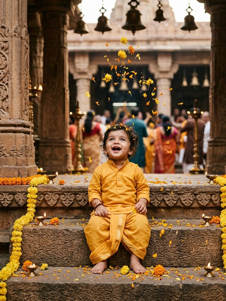 Baby Boy Temple Steps Marigold Petal Shower Dussehra Prompt Gemini