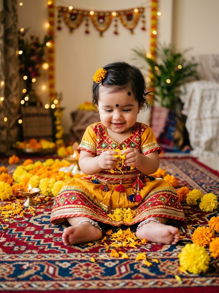 Baby girl in yellow chaniya choli Navratri AI photo prompt