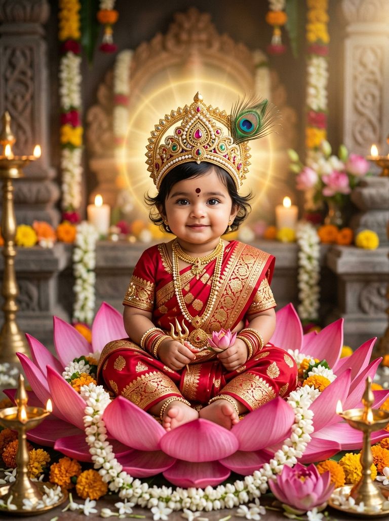 Baby girl as little Goddess Durga on lotus flower AI photo prompt
