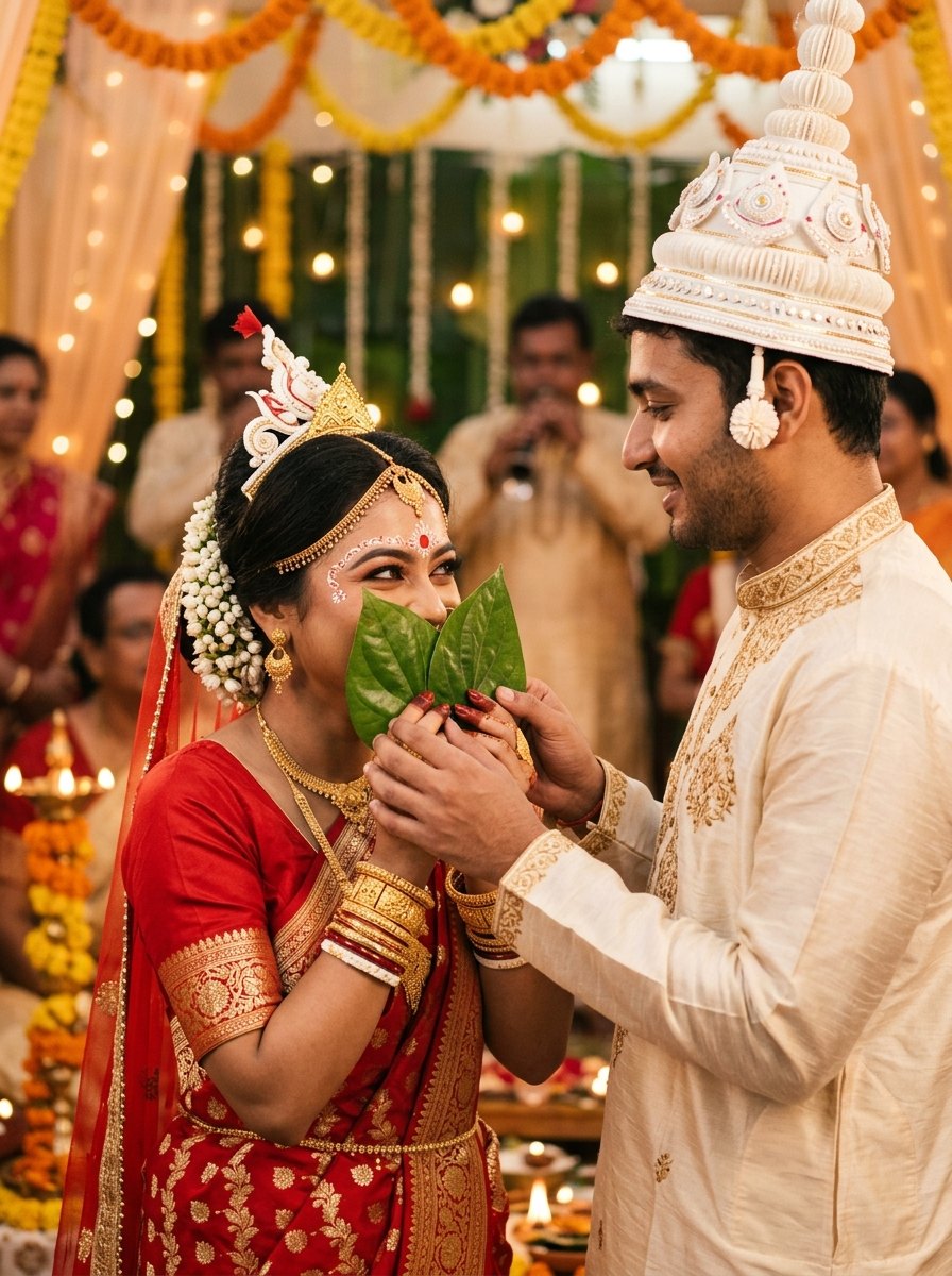 Bengali couple wedding prompt for chatgpt - Traditional Shubho Drishti with betel leaves paan pata and topor