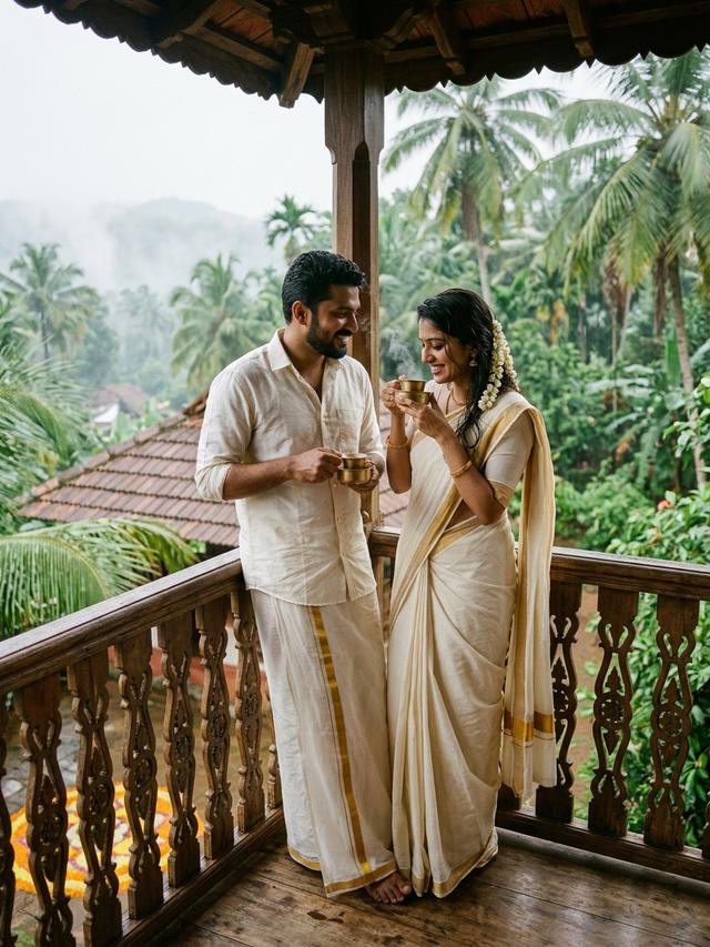 Candid Balcony Tea Morning Romance - Kerala Onam Couple Prompt for Gemini
