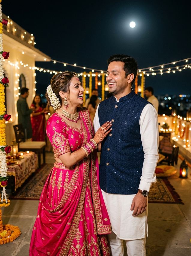 Candid Karwa Chauth couple photo prompt laughing on rooftop terrace