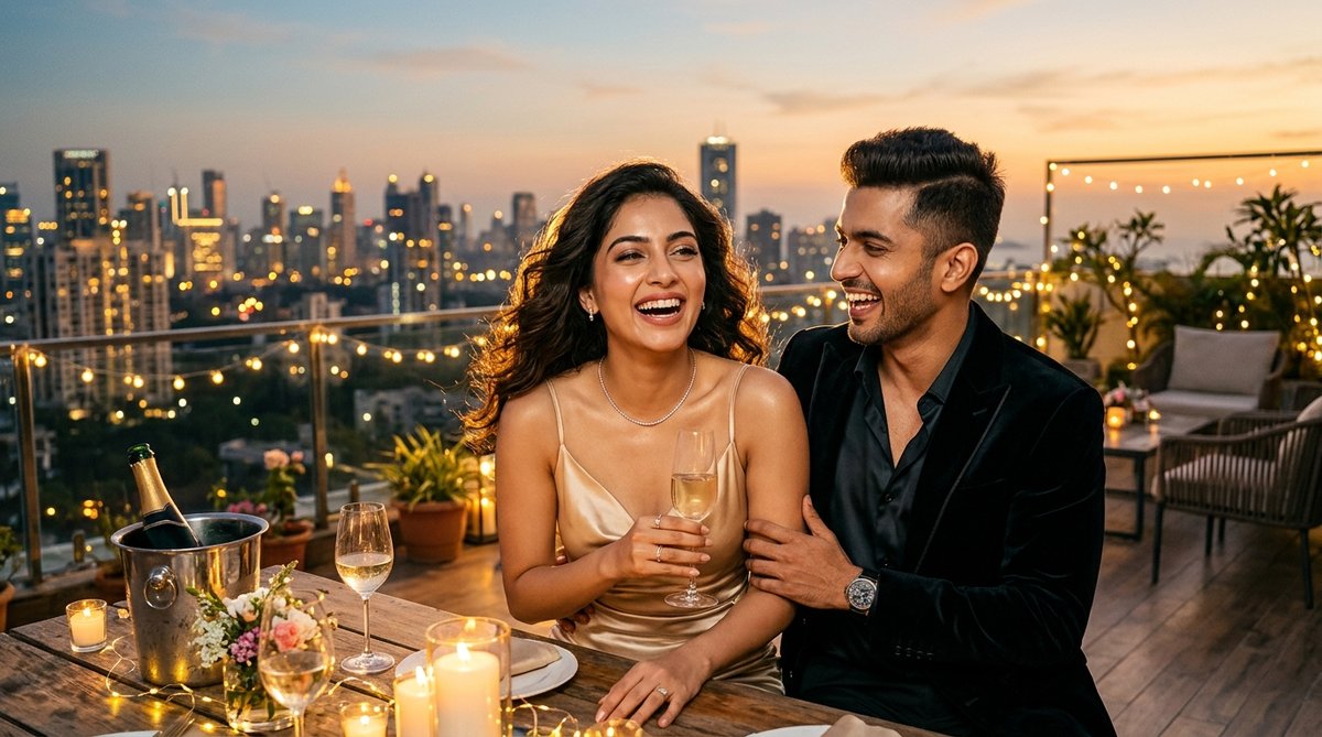 ChatGPT candid photo prompt luxury date night couple in black outfits laughing in hotel hallway