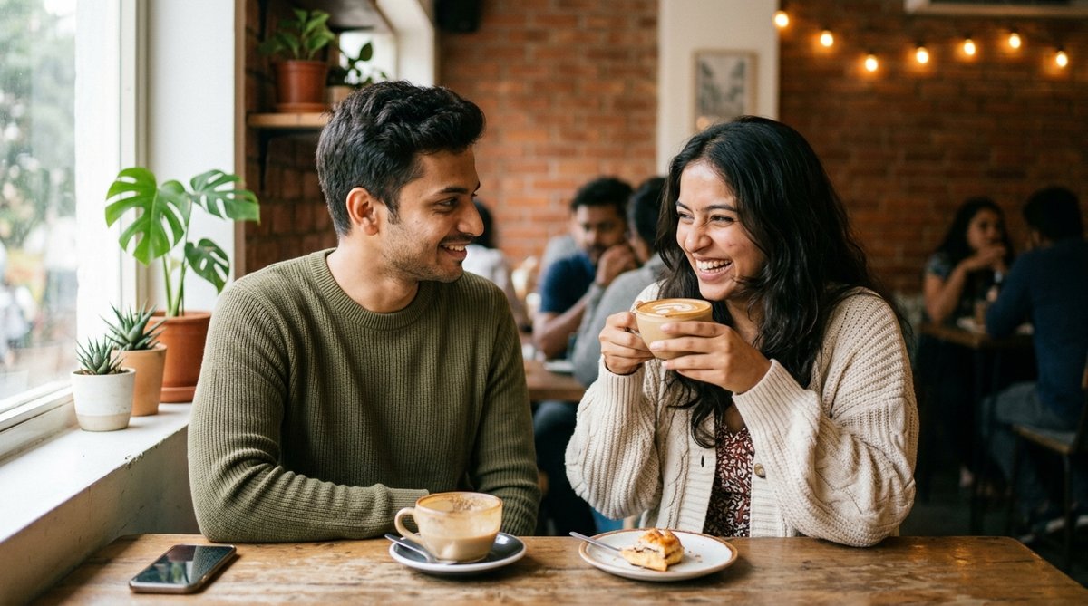 ChatGPT photo editing text prompt cozy artisan coffee shop couple date laughing with cappuccino