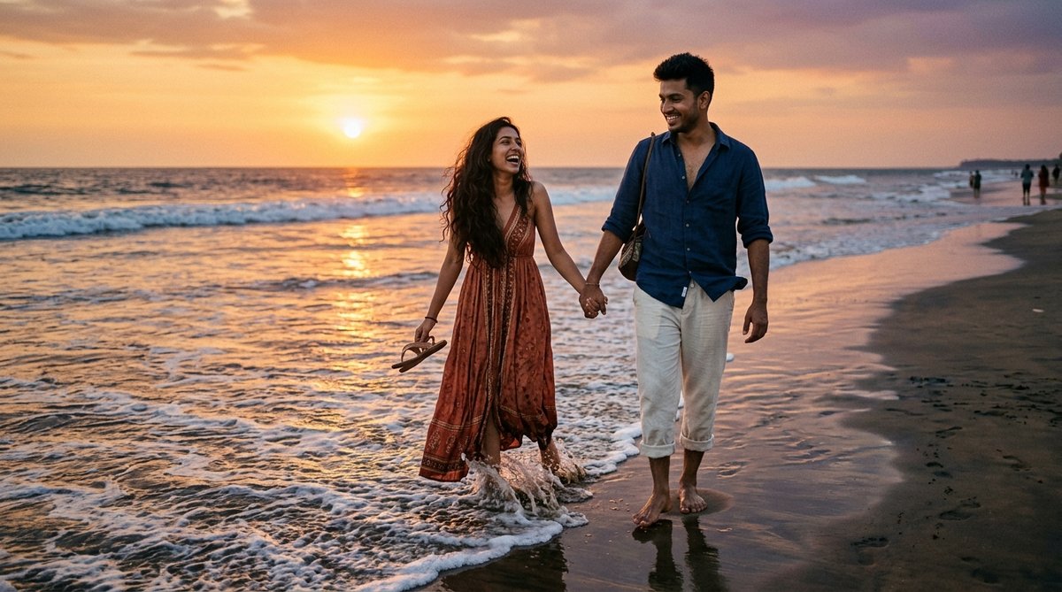 ChatGPT candid photo prompt sunset beach walk barefoot couple with ocean waves splashing