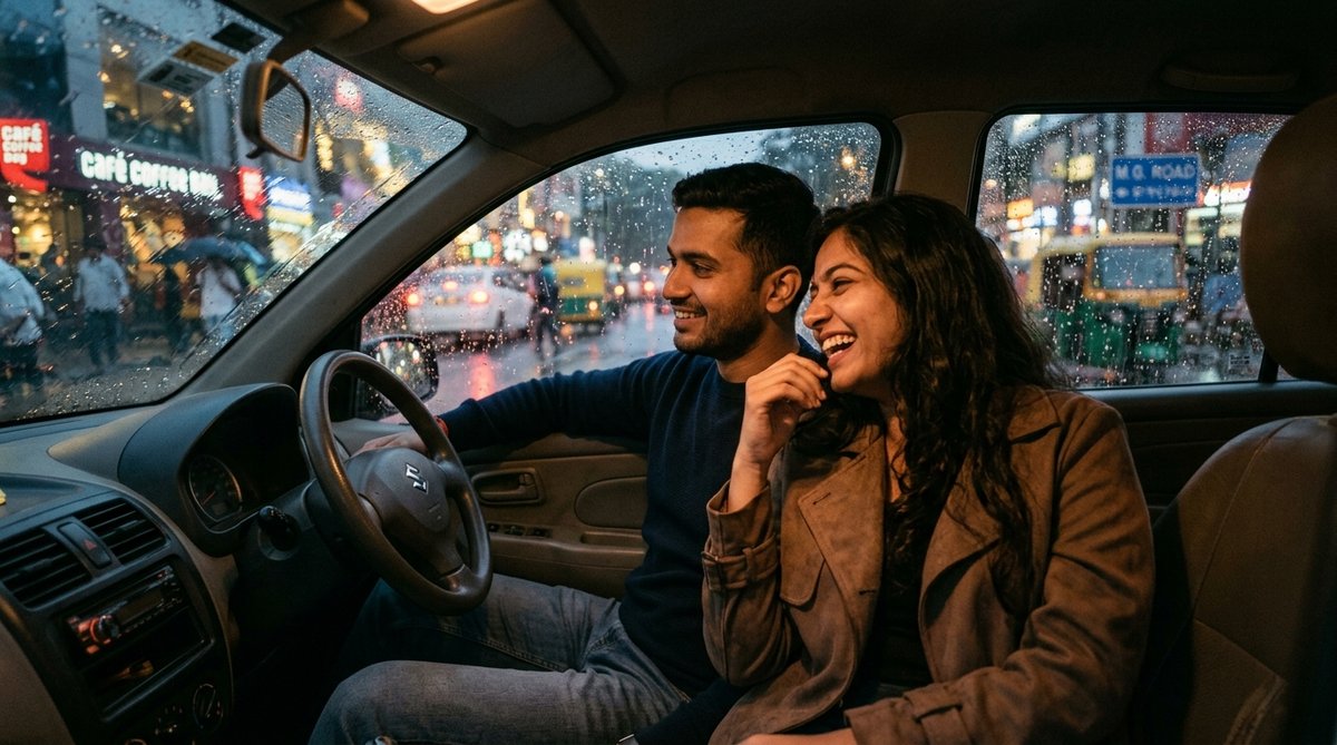 ChatGPT photo editing prompts new rainy monsoon car drive couple with raindrops on window