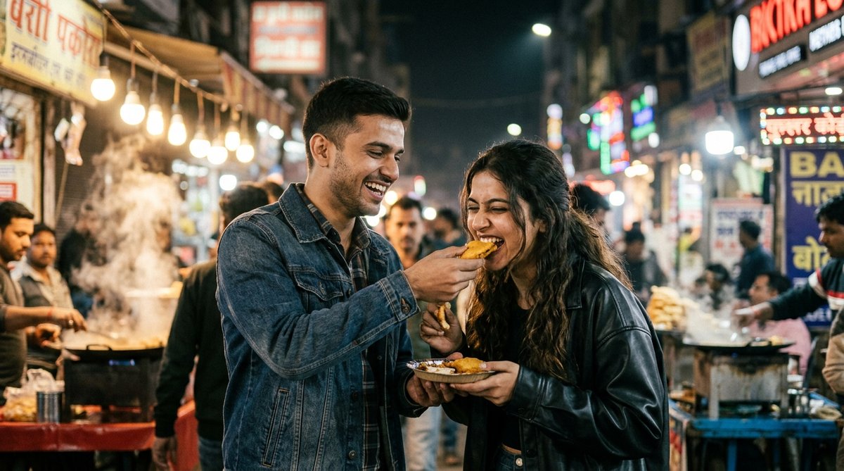 ChatGPT photo editing prompts trending boy and girl eating late night street food together