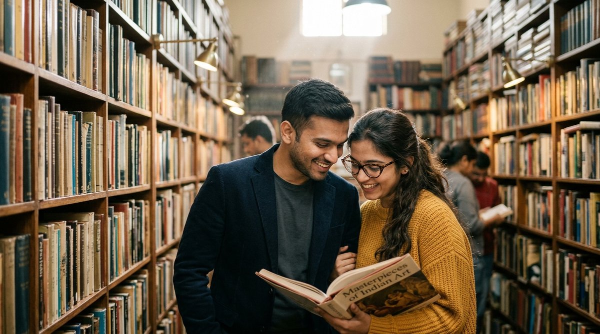 ChatGPT photo editing text prompt vintage bookstore couple reading antique books