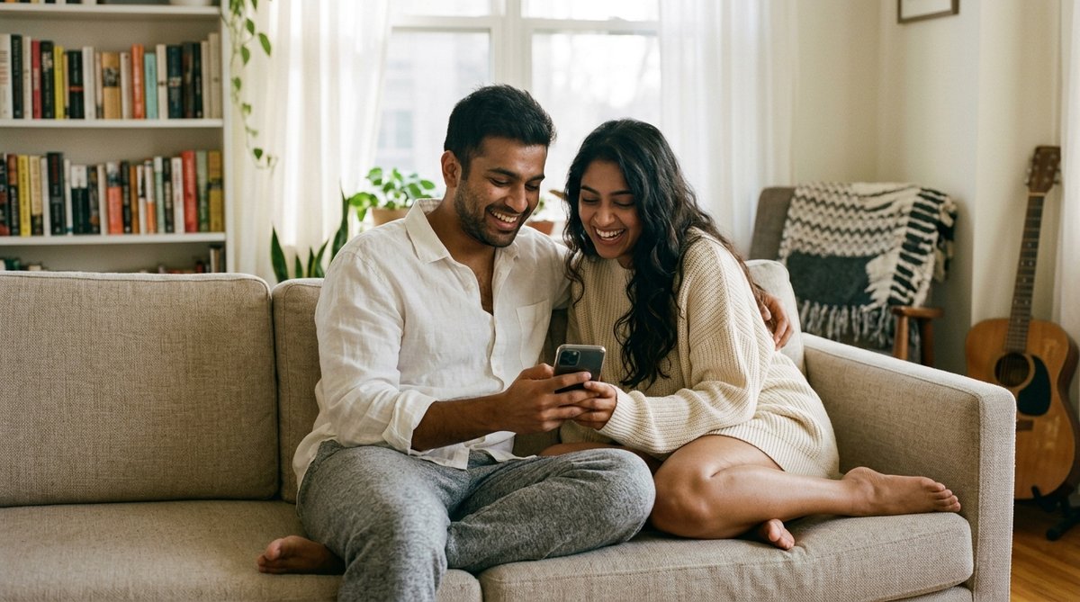ChatGPT photo prompt copy-paste lazy sunday morning couple sitting on sunlit couch