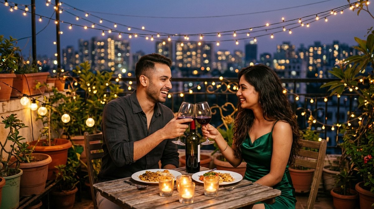 ChatGPT photo prompt generator romantic rooftop dinner couple toasting wine with fairy lights
