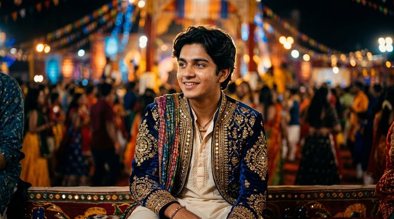 Cinematic Navratri AI photo prompt for boys with golden bokeh