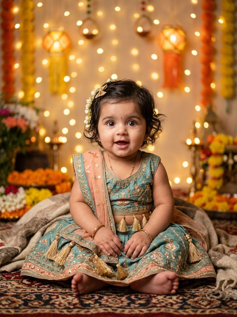 Cinematic Navratri baby girl AI photo prompt with fairy lights bokeh
