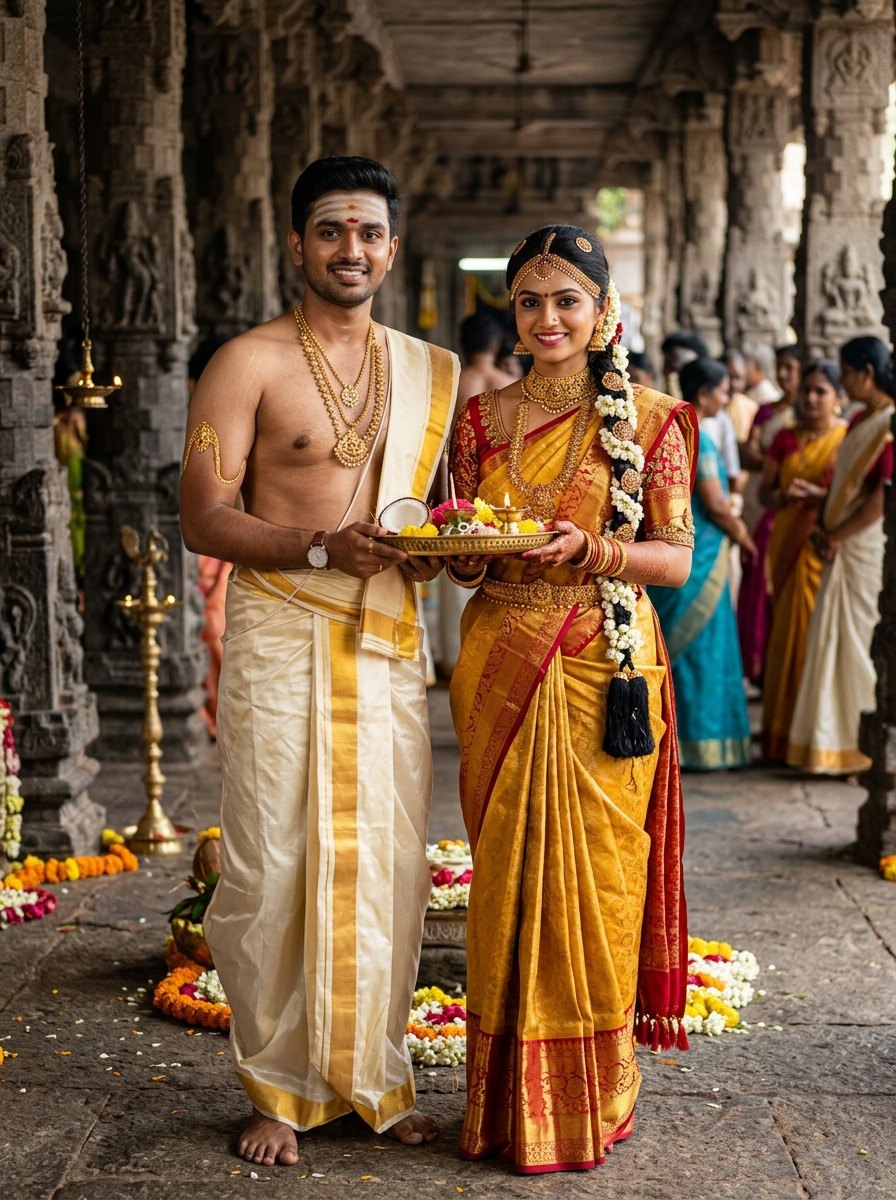 Couple marriage prompt for chatgpt - Traditional South Indian temple wedding muhurtham with silk veshti and Kanjeevaram