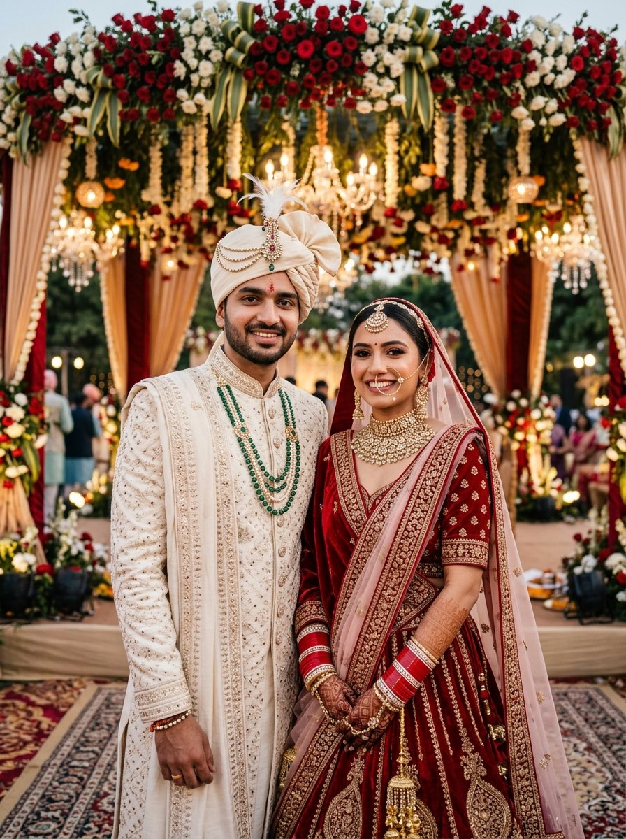 Couple wedding prompt for chatgpt - Frontal mandap portrait in ivory sherwani and crimson red lehenga