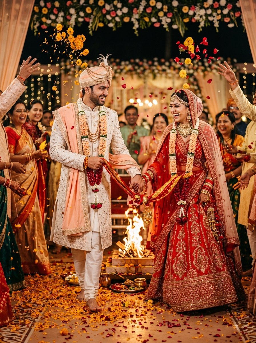 Wedding couple prompts for chatgpt free - Couple taking seven pheras around holy fire with flower shower