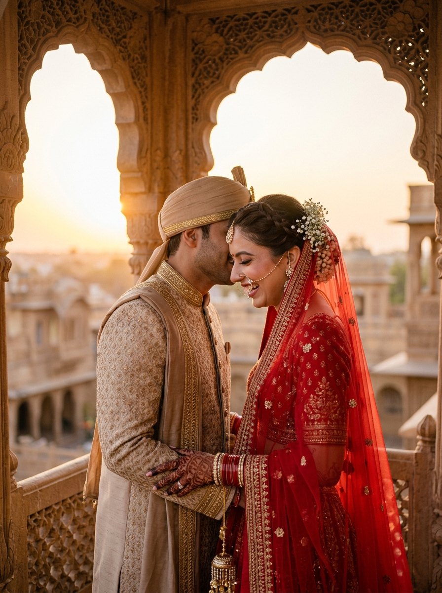 Couple wedding prompt for chatgpt - Side profile of bride and groom laughing at sunset palace jharokha