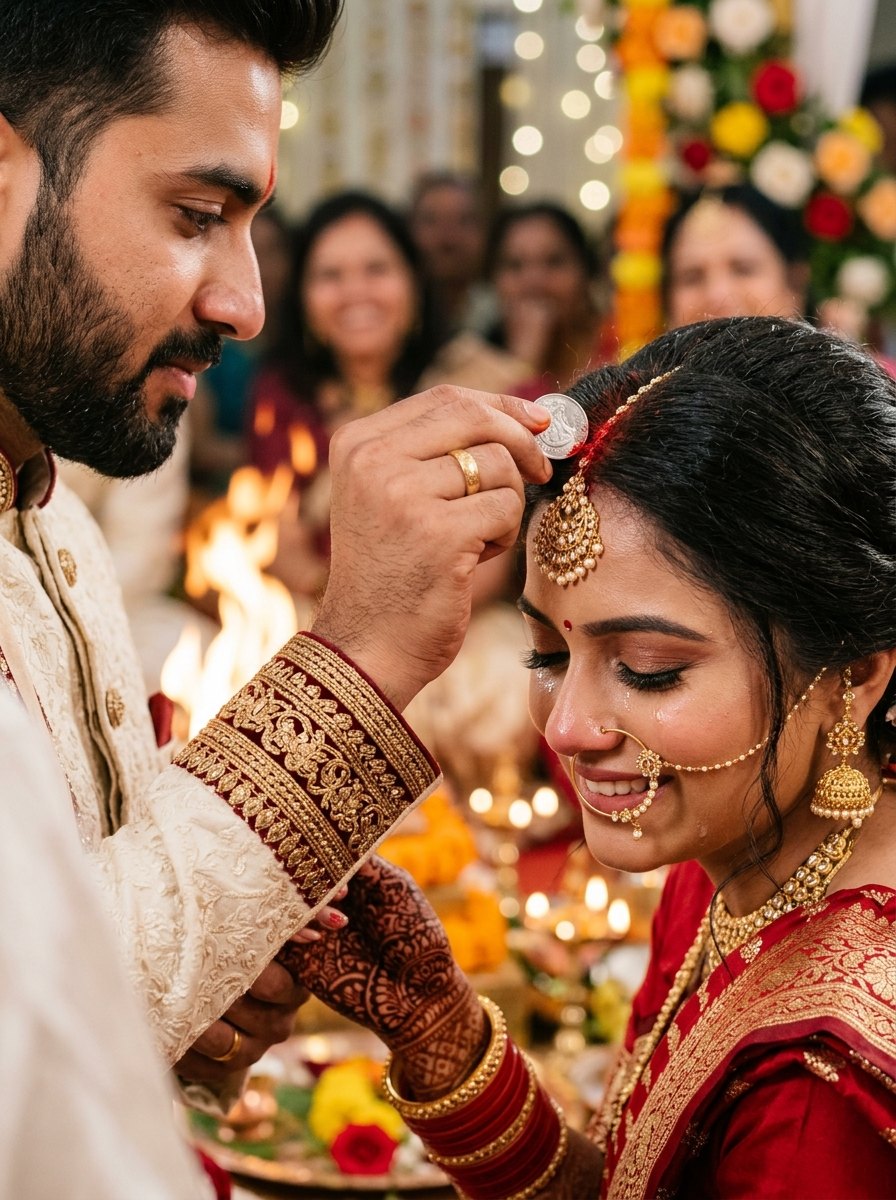 Couple marriage prompt for chatgpt - Intimate macro closeup of groom applying sindoor to bride with joy tear