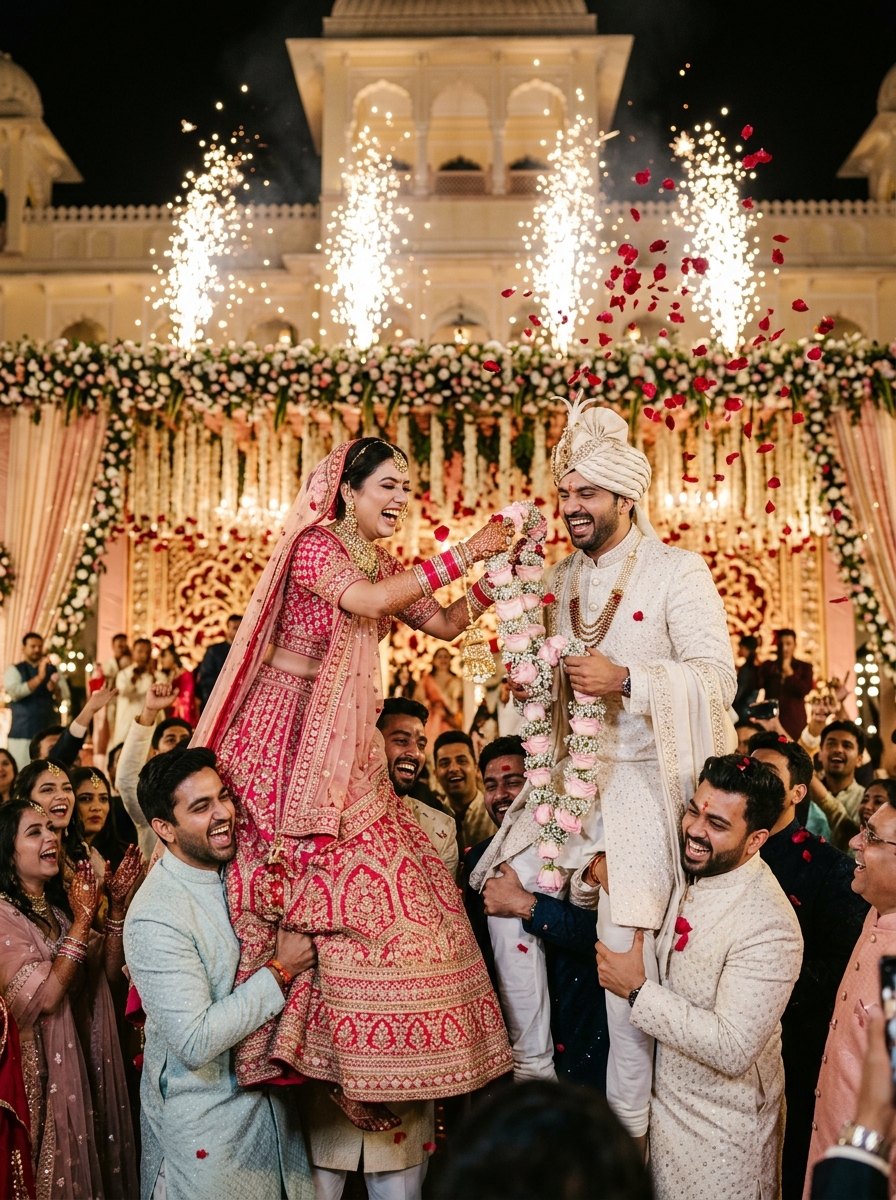 Couple wedding prompt for chatgpt - Playful varmala exchange on shoulders with fireworks and rose petals