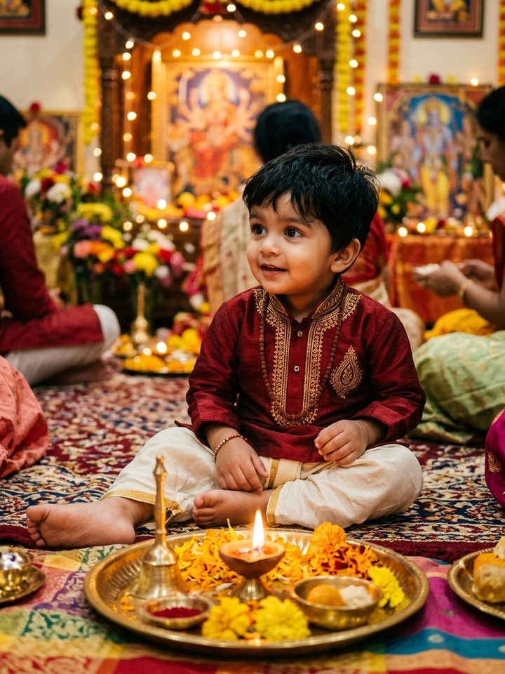 Cute Baby Boy Brass Aarti Thali Diya Glow Dussehra Prompt for Gemini