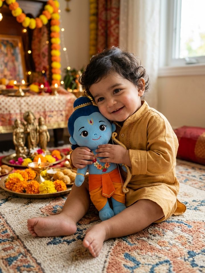 Cute Baby Boy Hugging Plush Lord Rama Doll Dussehra AI Prompt