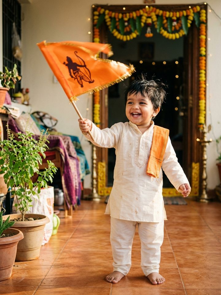 Cute Baby Boy Waving Saffron Ram Dhwaj Flag Dussehra AI Photo Prompt