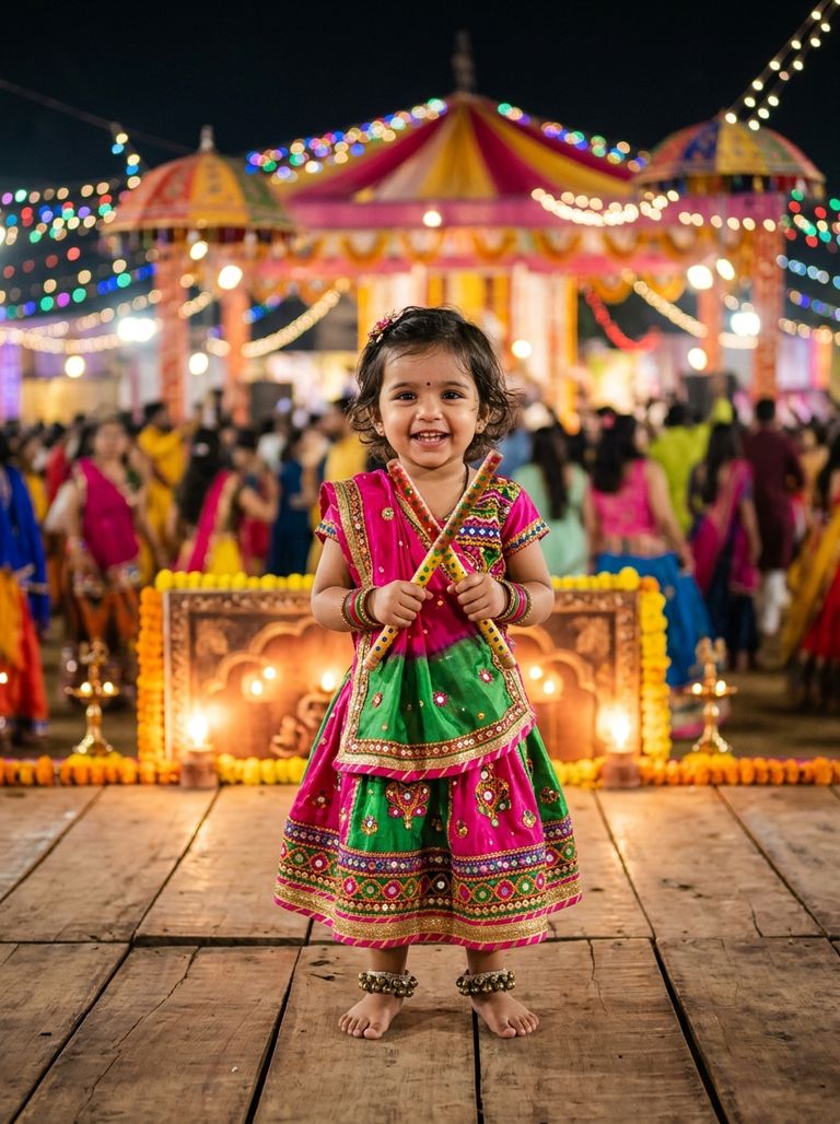 Cute baby girl Garba AI photo prompt with mini dandiya sticks