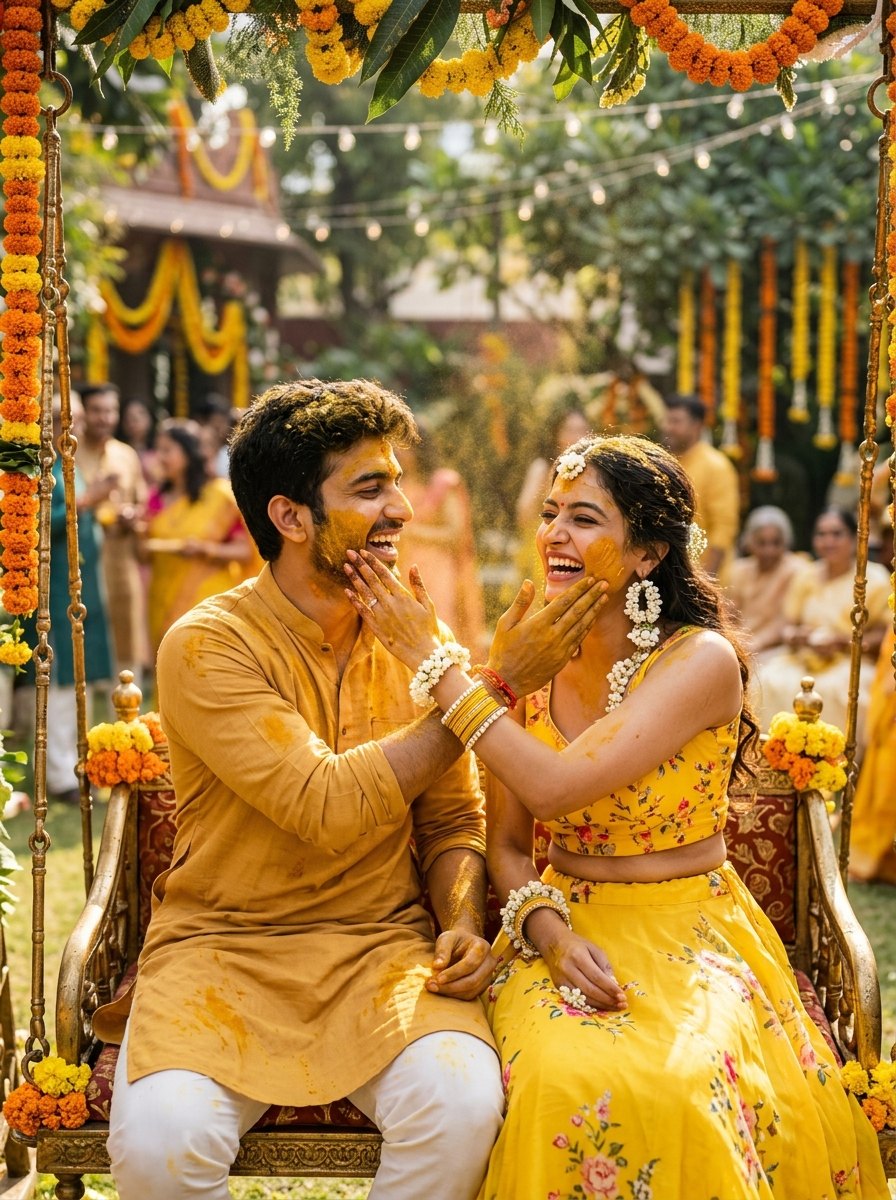 Cute couple wedding prompt for chatgpt - Playful candid haldi ceremony on swing with turmeric paste laughs