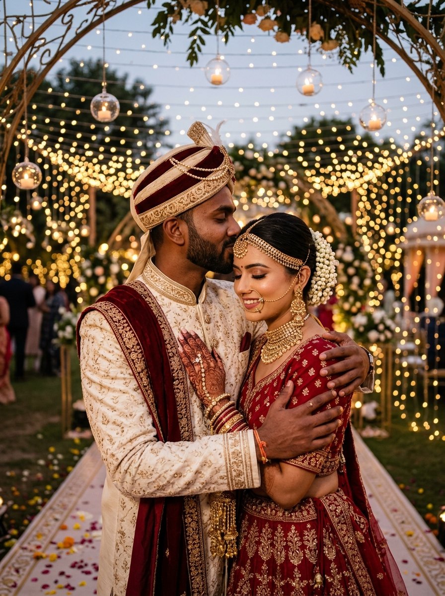 Cute couple wedding prompt for chatgpt - Tender forehead kiss under fairy light garden canopy