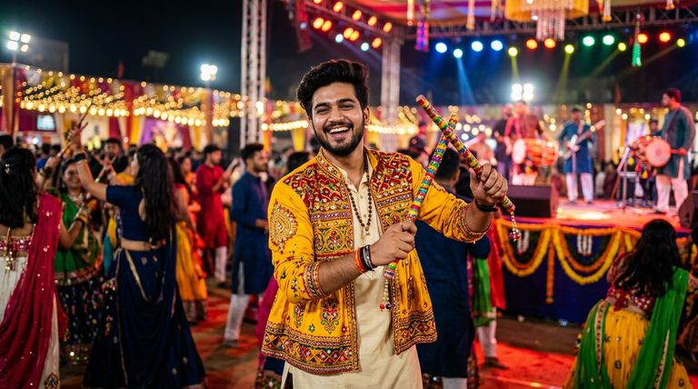 Dandiya night AI photo prompt for boys with dandiya sticks
