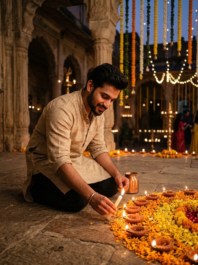 Diwali gemini prompt for men - natural beige linen kurta lighting terracotta clay diyas on veranda
