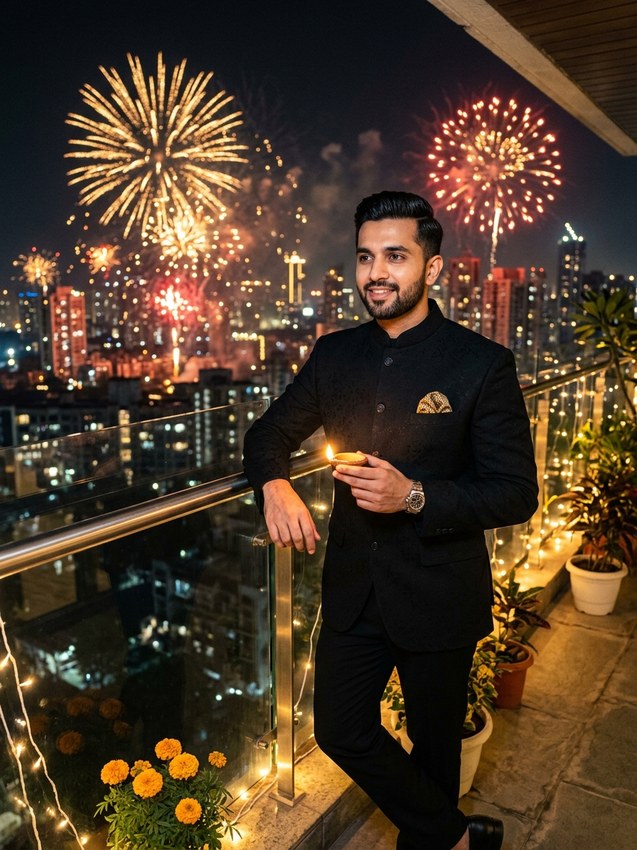 Diwali photo editing prompts for men - dapper black bandhgala suit on penthouse balcony with fireworks