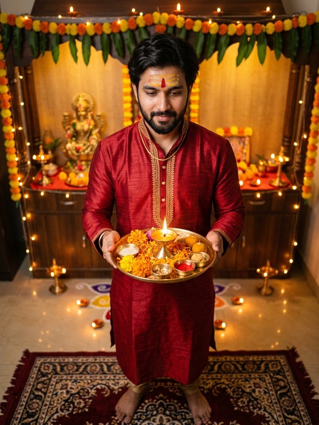 Diwali google gemini prompt for men - devotional crimson maroon silk kurta with laxmi puja brass aarti thali