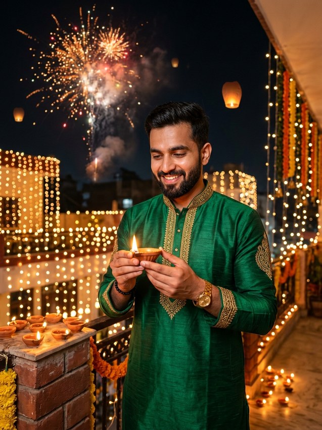 Diwali gemini prompt for men - royal emerald green raw silk kurta with glowing diya on rooftop terrace