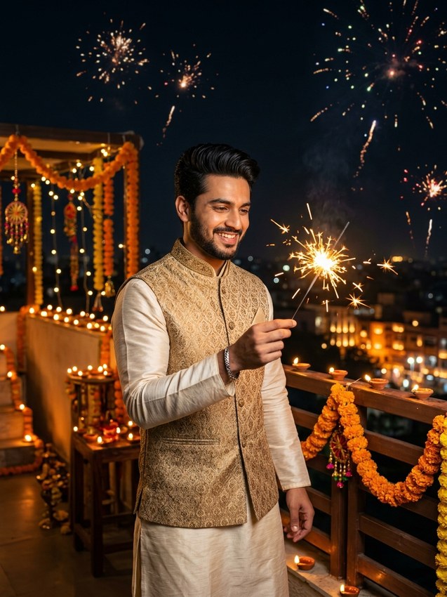Diwali gemini prompt for man - gold zari brocade nehru jacket with sizzling phooljhadi sparkler