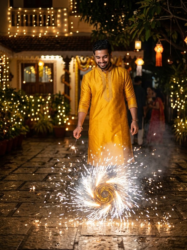 Happy diwali gemini prompt for men - mustard yellow festive kurta watching whirling golden ground spinner firework