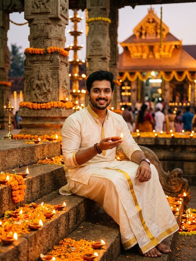 Diwali google gemini prompt for men - traditional south indian ivory silk kurta and kasavu mundu at heritage temple