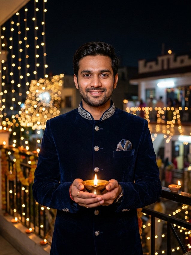 Happy diwali gemini prompt for men - midnight navy velvet bandhgala suit holding brass diya