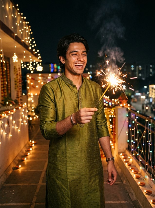 Diwali gemini prompt for man - joyful olive green raw silk kurta celebrating with crackling sparkler