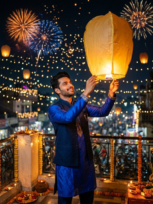 Diwali gemini ai prompts men - royal sapphire blue kurta releasing glowing akash kandil sky lantern
