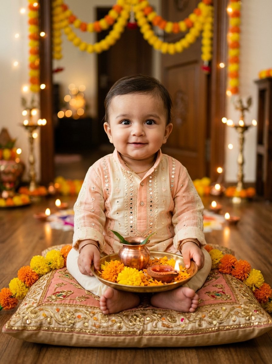 Diwali prompt for gemini baby boy holding miniature brass aarti thali with marigolds